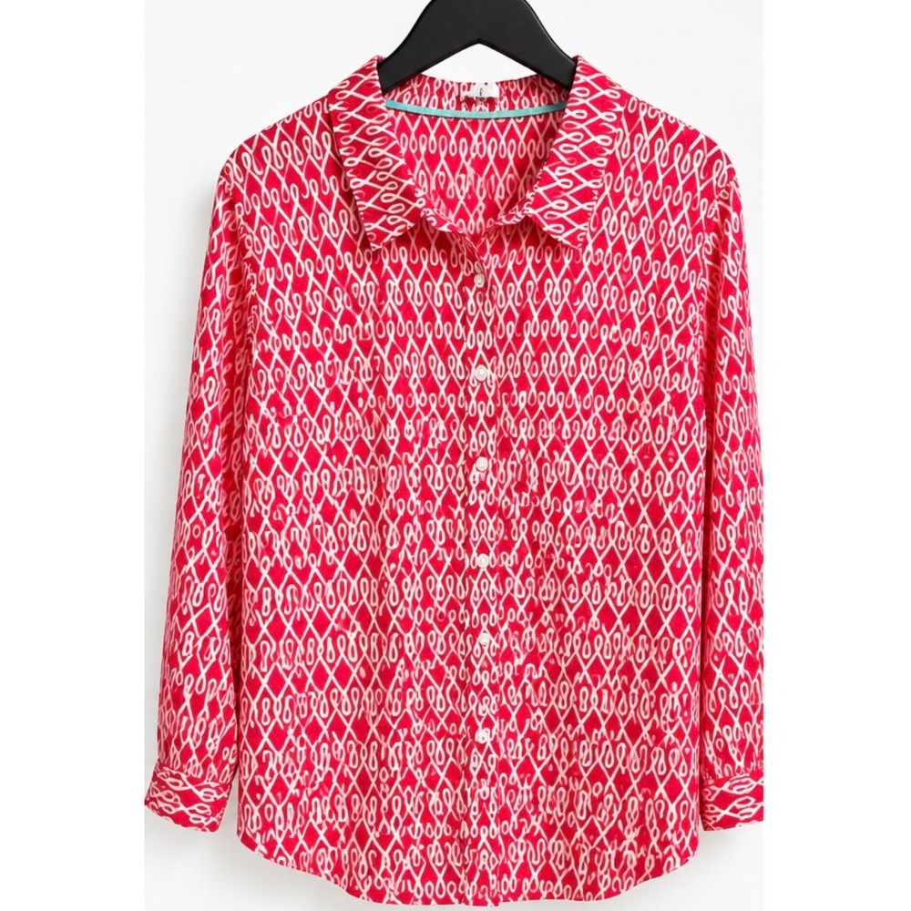 Crown & Ivy Pink White Geometric Lattice Cotton Button Down Shirt Womens XL